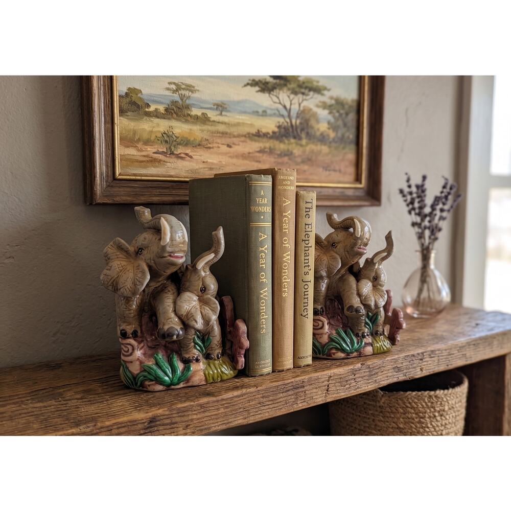 Vintage Ceramic Elephant Bookends Pair, Raised Trunk Good Luck Decor, Set of 2